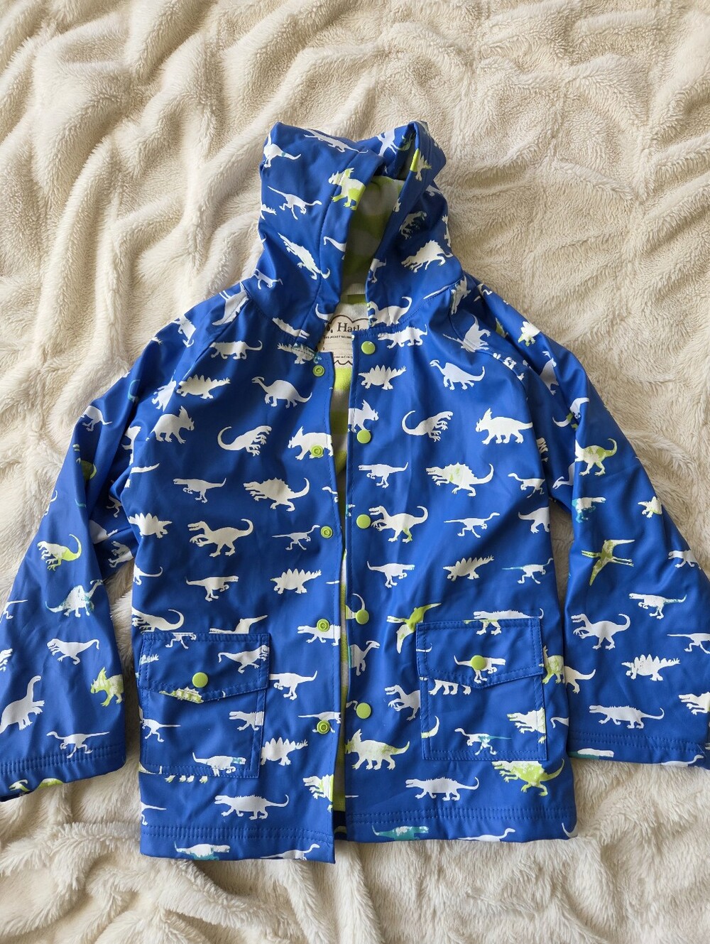 Blue Kids Rain Jacket with Dino Print Size 8 Some Print Color Is Coming Off